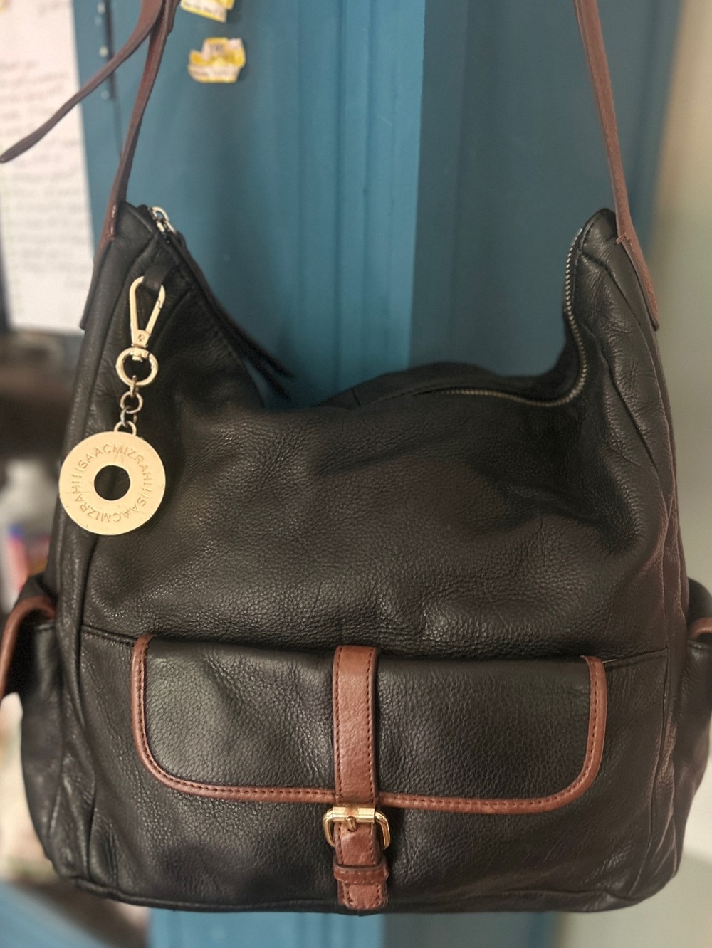 Isaac Mizrahi Black Boho Shoulder Bag with Brown Trim Gold Bag Charm